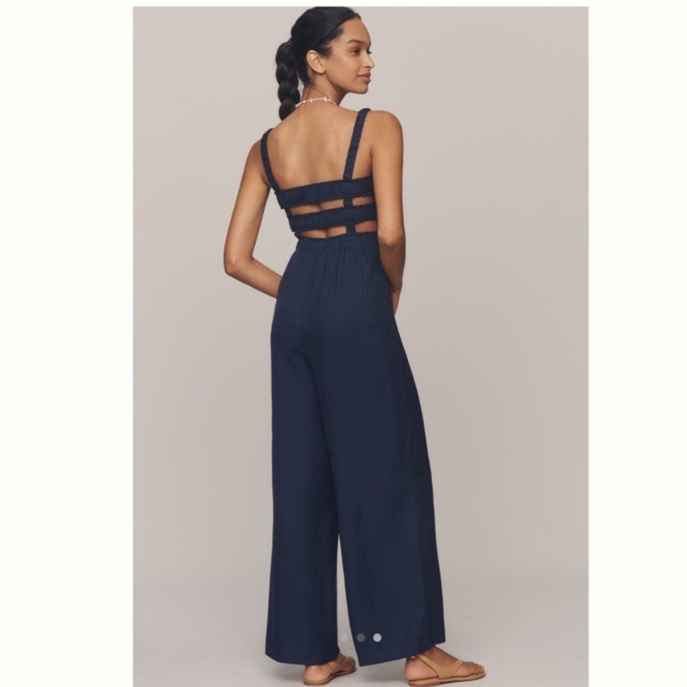 English Factory Sleeveless Smocked Wide-Leg Jumpsuit